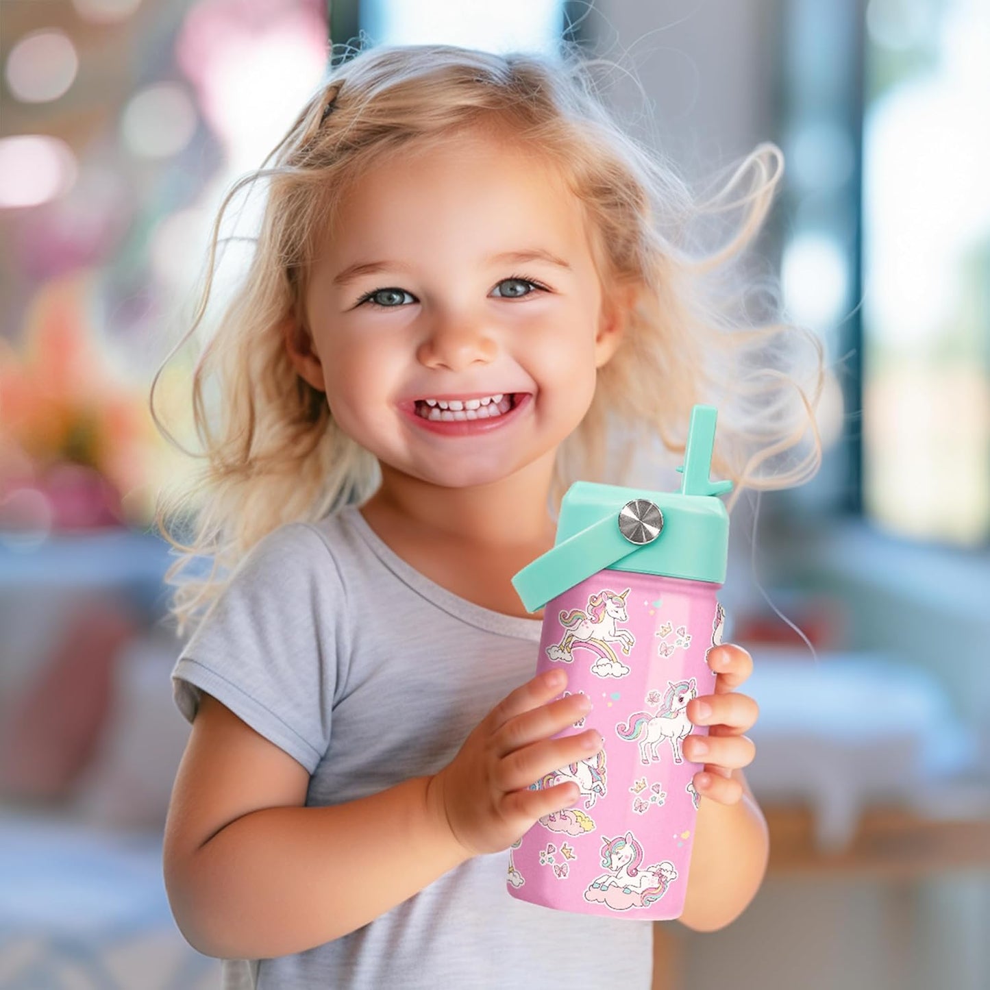 Skiennix Unicorn Water Bottle - 12 Oz Insulated Stainless Steel with Straw Lid | Perfect for Kids
