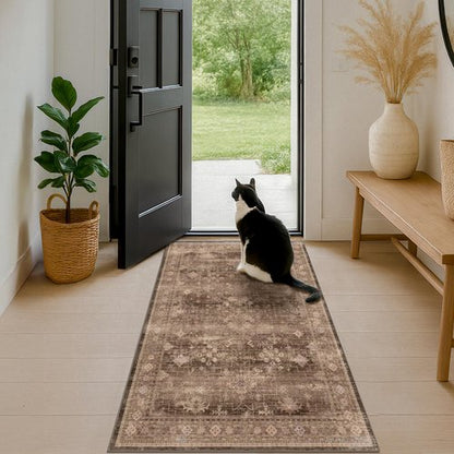 Brown Boho Washable Entry Rug, 3x4 Rugs for Entryway Kitchen Bathroom Door Mat Indoor Entrance, Non Slip Rubber Backing, Stain & Fade Resistant, Earthy Taupe Floral Design