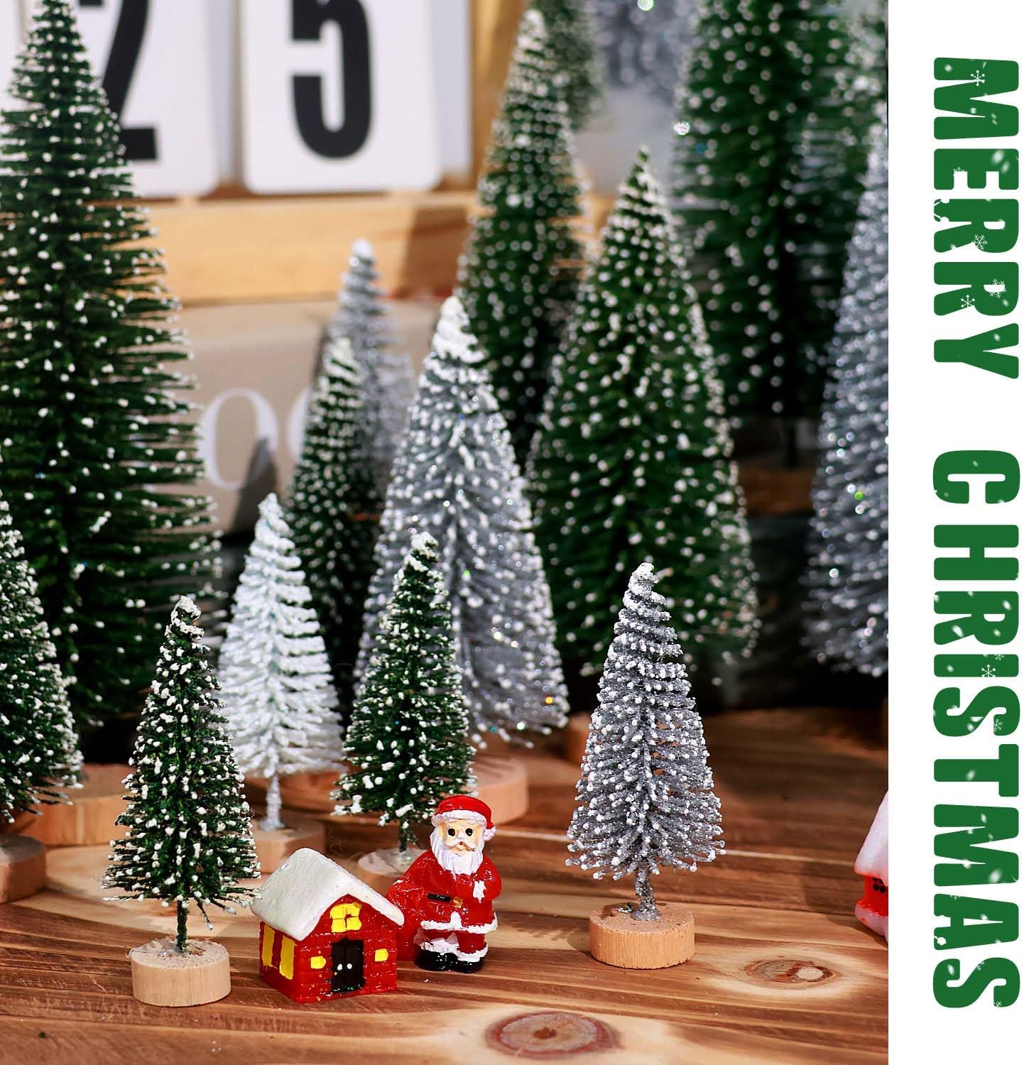 Skiennix 30Pcs Mini Christmas Trees - Artificial Bottle Brush Trees with Wooden Base | Green, Silver, White Decor