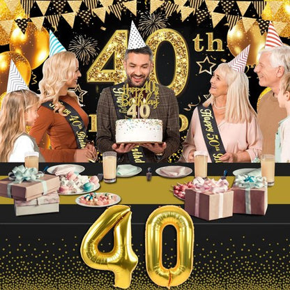 40th Birthday Decorations - Black and Gold Banner, Table Cloth, Balloons, Sash & Cake Topper