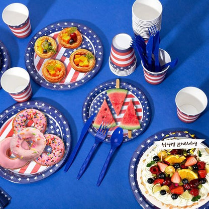 American Flag Party Decorations - 170 Pcs Patriotic Set with Banner, Plates, Cups & More for 24 Guests