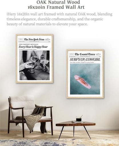 iHery Framed Newspaper Wall Art - Retro New York Prints in Natural Oak Wood | Large 16x20in Decor for Bedroom & Living Room
