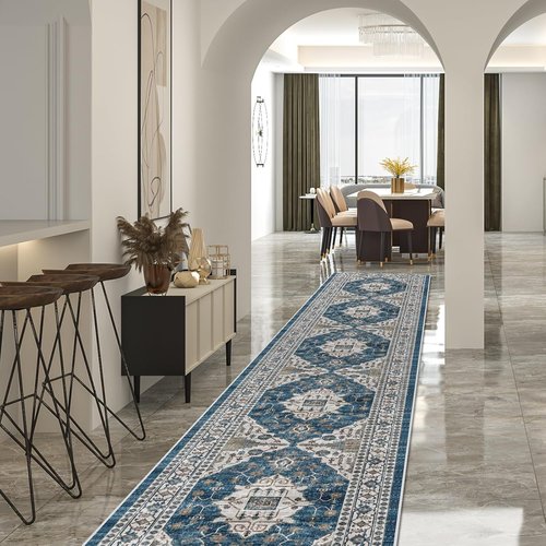 Hallway Washable Runner Rug - Vintage Soft Non-Slip Entryway Carpet | 2'6'' x 14', Blue