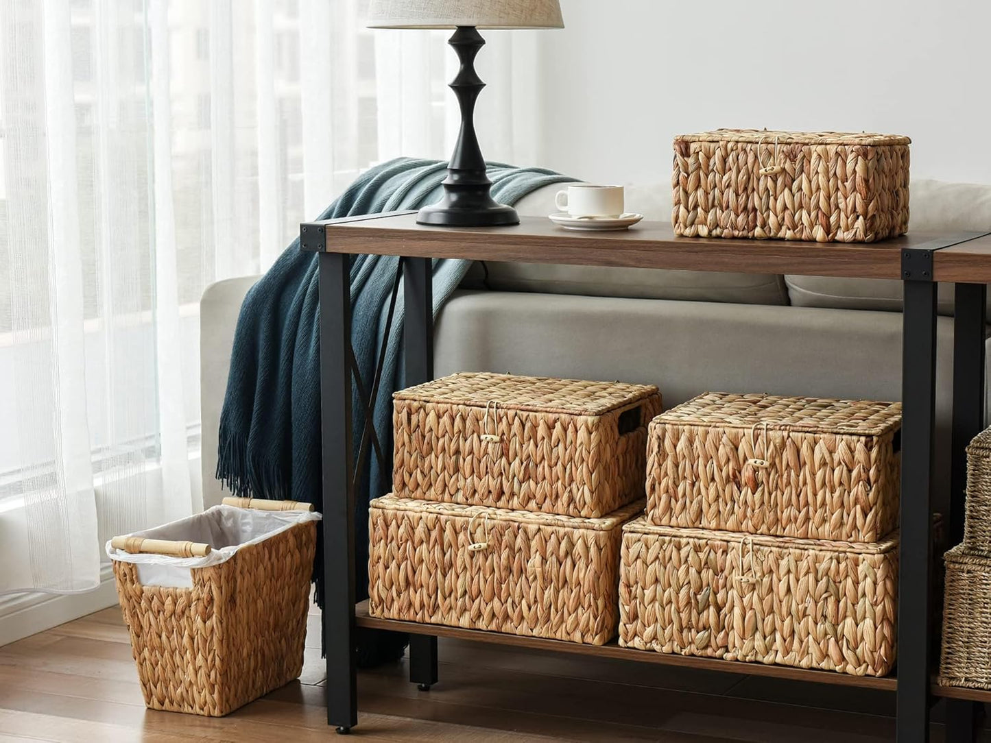 StorageWorks Wicker Waste Basket - Stylish Bathroom Trash Can with Wooden Handles | 12 Liters