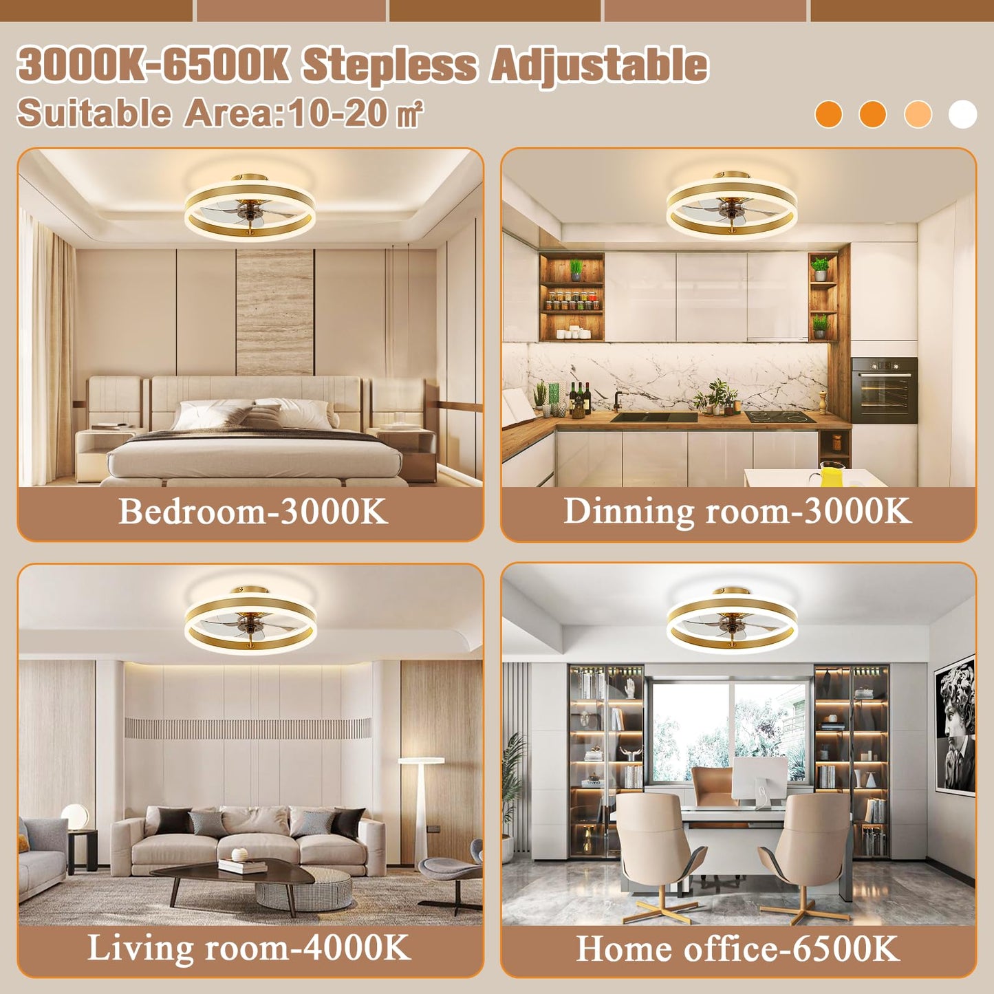 VOLISUN Fandelier Ceiling Fans with Lights and Remote, 15.7in Low Profile Ceiling Fan Flush Mount, 3000K-6500K Dimmable Bladeless Ceiling Fan with Light, Gold Ceiling Fans with Lights for Bedroom