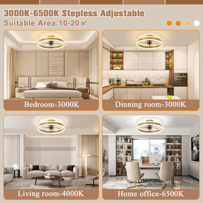 VOLISUN Fandelier Ceiling Fans with Lights and Remote, 15.7in Low Profile Ceiling Fan Flush Mount, 3000K-6500K Dimmable Bladeless Ceiling Fan with Light, Gold Ceiling Fans with Lights for Bedroom