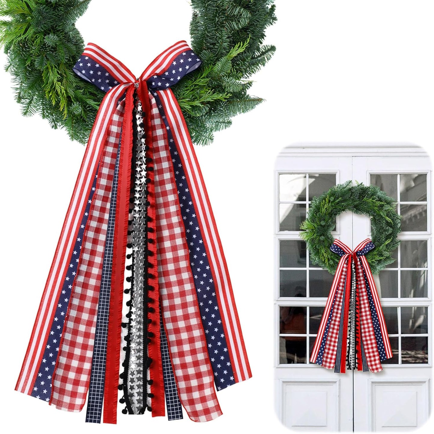Riceshoot Patriotic 4th of July Wreath - Large Red, White & Blue Bow for Indoor/Outdoor Decor