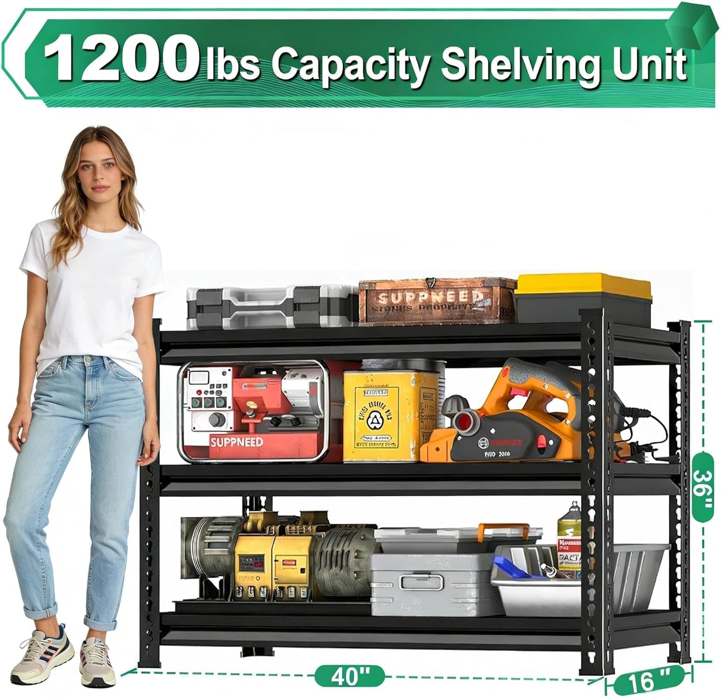 **Skiennix Heavy-Duty Metal Storage Garage Shelving - 1,200 Lbs Capacity, 3-Tier Adjustable Rack, Black 40" W x 16" D x 36" H**