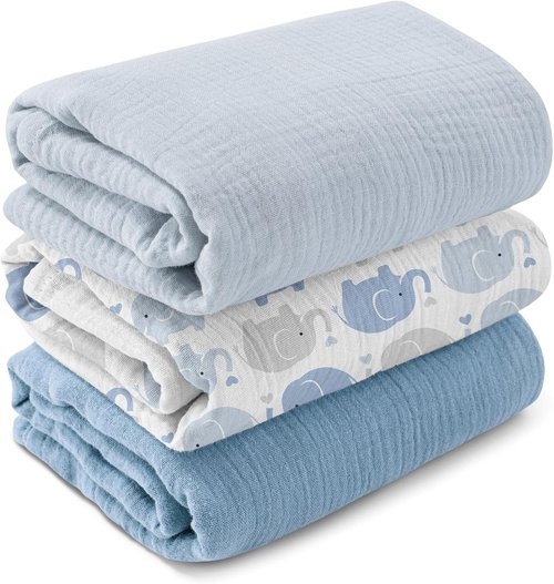 GLLQUEN Baby Muslin Swaddle Blankets - 3-Pack Unisex Receiving Blankets for Newborns | Elephant Design, 40 x 38 Inches