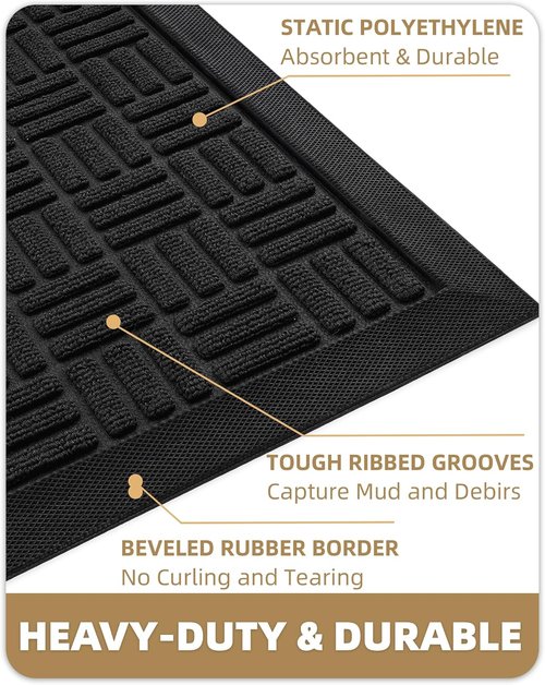 Color&Geometry Heavy Duty Non-Slip Front Door Mat - All-Weather Welcome Mat, 24"x36", Black
