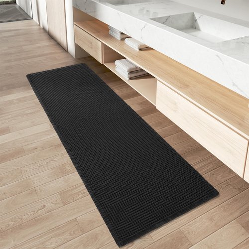 AMOAMI Upgraded Waffle Runner Rug, Super Absorbent Non Slip Bath Mats for Bathroom Floor, Washable Bathroom Runner Rug with Tassels, Ideal for Hallway Bedroom Laundry Room, Black, 2'x 5'(24" x 60")