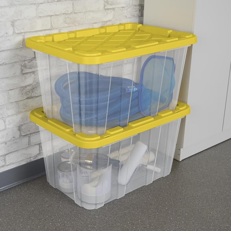 27-Gallon Industrial Storage Tote Set with Yellow Snap-Lid, 4 Pack