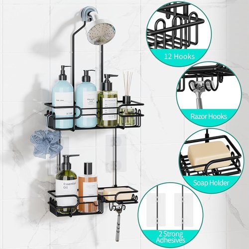 HapiRm Hanging Shower Caddy Organizer - Rustproof Bathroom Shelf with 12 Hooks & Soap Holder | Black