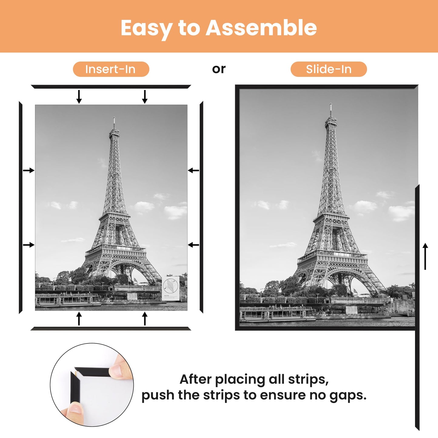 upsimples 11x17 Picture Frame Black 3 Pack, Scratch-Proof 11 x 17 Poster Frames for Photo Gallery - Slide-In Strips, Horizontal or Vertical Wall Mounting