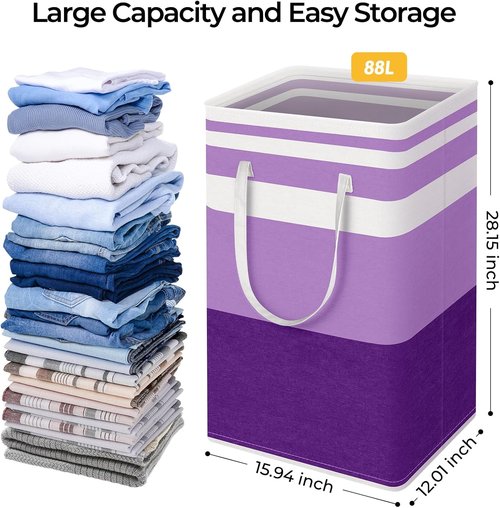 HomeHacks Large Waterproof Laundry Baskets - Collapsible Hampers with Reinforced Handles | 88L, Purple