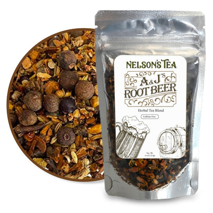 Nelson's Tea - A&J's Root Beer Burdock, Licorice, Dandelion, Chicory, Ginger Root, Sarsaparilla, Birch Bark, Star Anise, Fennel Seed, Cinnamon Chip, Coriander, Cloves, Juniper Berry, Flavoring (4 oz)