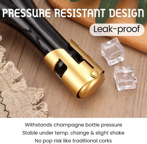 Champagne Stoppers Stainless Steel, Prosecco Sparkling Wine Bottle Stopper with Silicone Sealing Plug, Leak proof Keep Fresh Reusable Champagne Cork & Saver (Gold, 2 Pack)