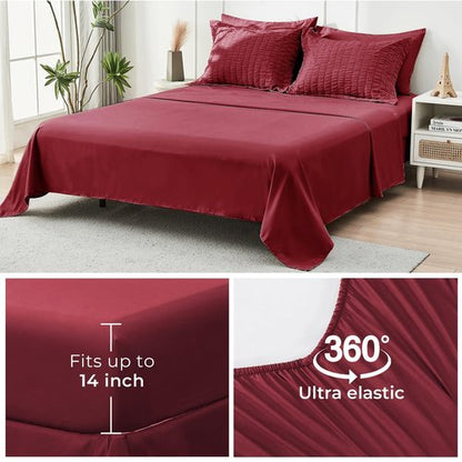 HYMOKEGE Burgundy Twin XL Comforter Set Seersucker 5 Pieces, All Season Luxury Bed in a Bag for Bedroom, Bedding Set with Comforter, Sheets, Pillowcase & Sham