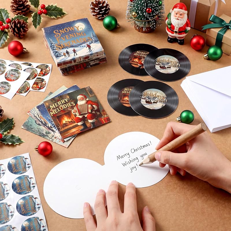 Vinyl Record Christmas Cards Set - 48 Blank Greeting Cards with Envelopes