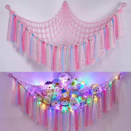 FIOBEE Stuffed Animals Net or Hammock with LED Light, Toy Hammock Hanging Stuffed Animals Storage Organizer Holder Room Décor for Nursery Kids Bedroom