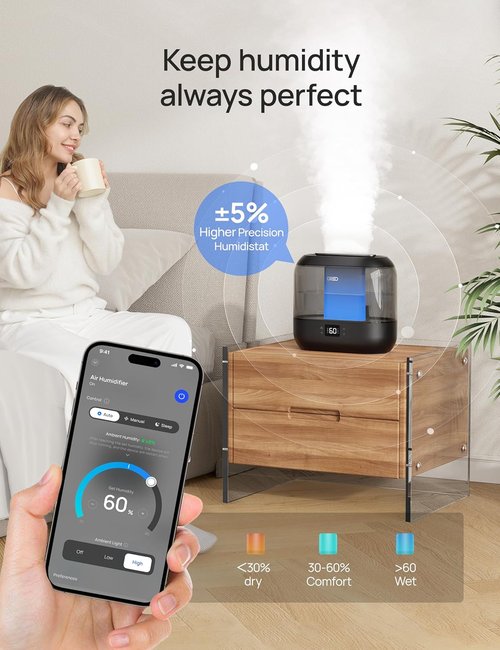 Dreo Smart Humidifier - 4L Top Fill Cool Mist for Large Rooms | 36H Runtime, Touch/App/Voice Control, Nightlight, Black
