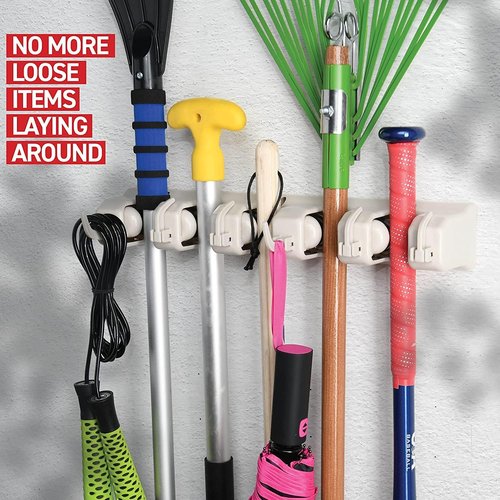 Garage Storage Organizer | Mop and Broom Holder Wall Mount 2 Pack - 5 Slots, 6 Hooks, 7.5lbs Capacity - Off-White