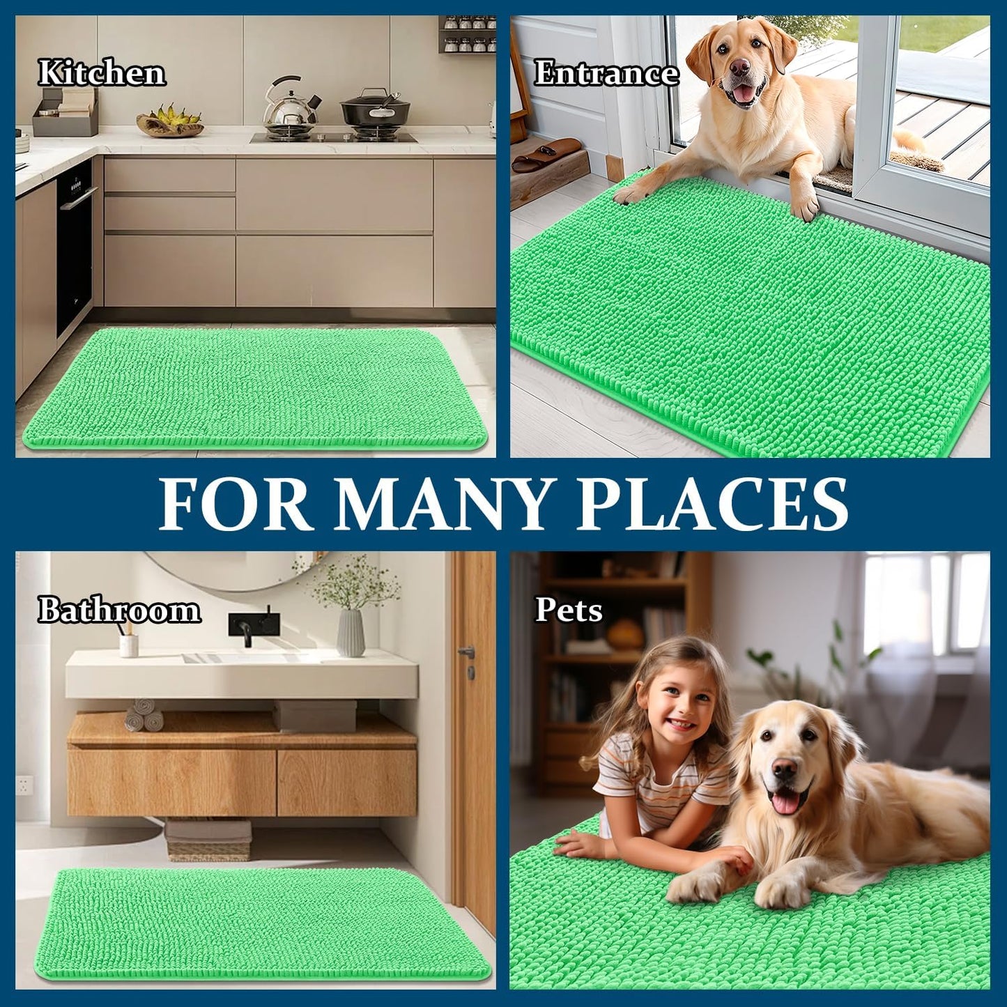 OLANLY Dog Door Mat - Absorbent Non-Slip Chenille Mat for Muddy Paws | 30x20 Mint Green Indoor Carpet
