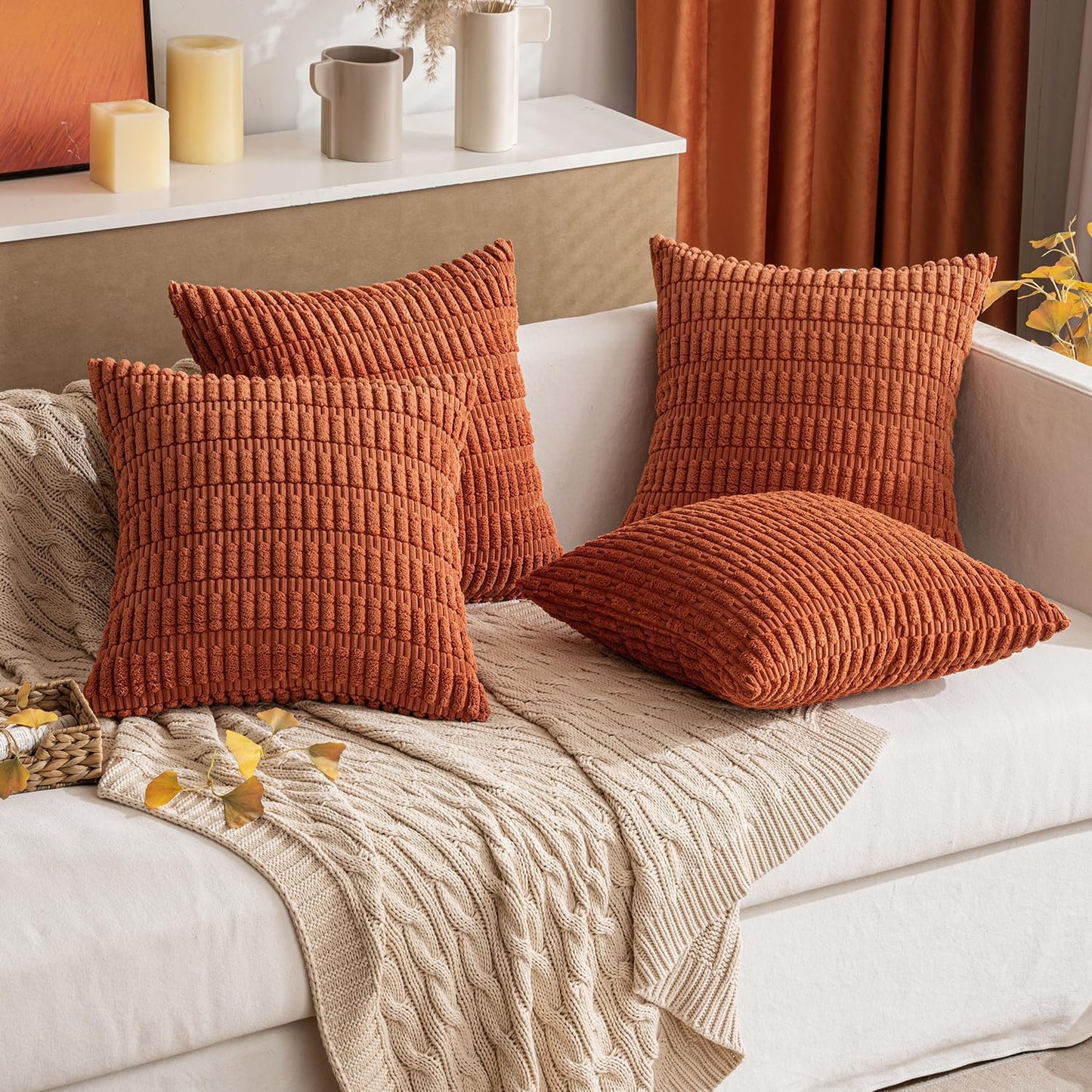 MIULEE Rust Corduroy Decorative Pillow Covers - Soft Boho Striped Design | 20x20 Inch for Modern Farmhouse Decor