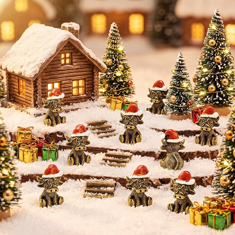 Highland Cow Christmas Figurine Set - 50 Mini Brass-Finish Zinc Alloy Sculptures, Variation: Highland Cow