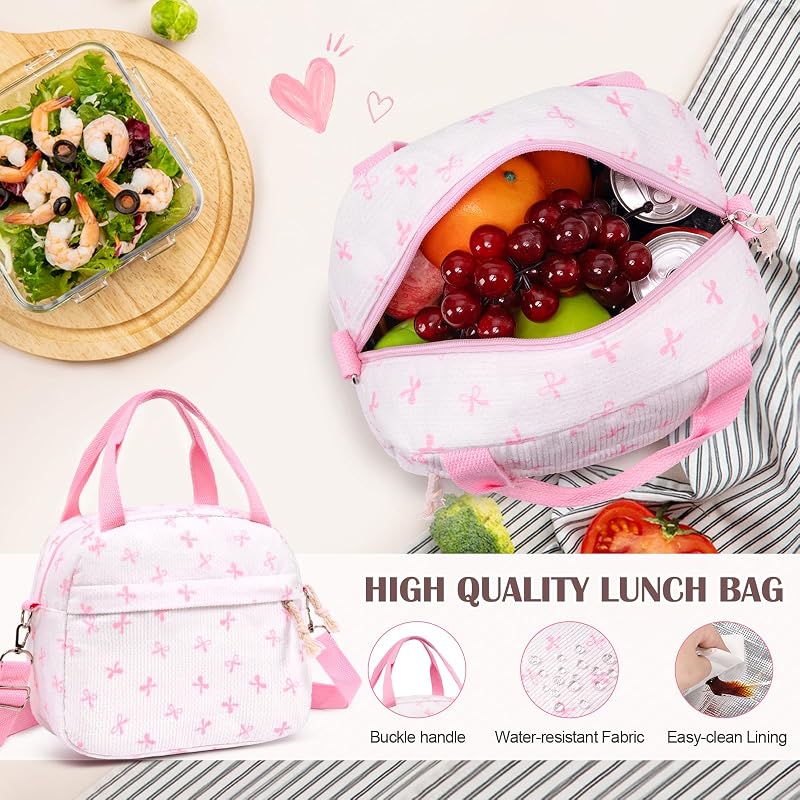 Corduroy Girls Backpack Set with Lunch Box & Pencil Pouch - Beigepink Bow (4-Piece)