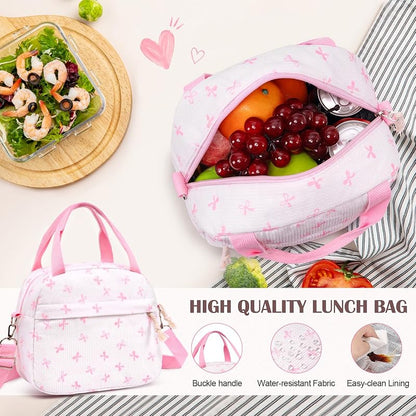 Corduroy Girls Backpack Set with Lunch Box & Pencil Pouch - Beigepink Bow (4-Piece)