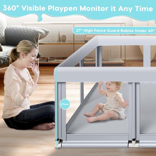 Fshibila Large Baby Playpen - Sturdy Safety Playard with Soft Mesh | 74" x 50", Grey for Indoor & Outdoor Use