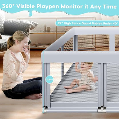 Fshibila Large Baby Playpen - Sturdy Safety Playard with Soft Mesh | 74" x 50", Grey for Indoor & Outdoor Use