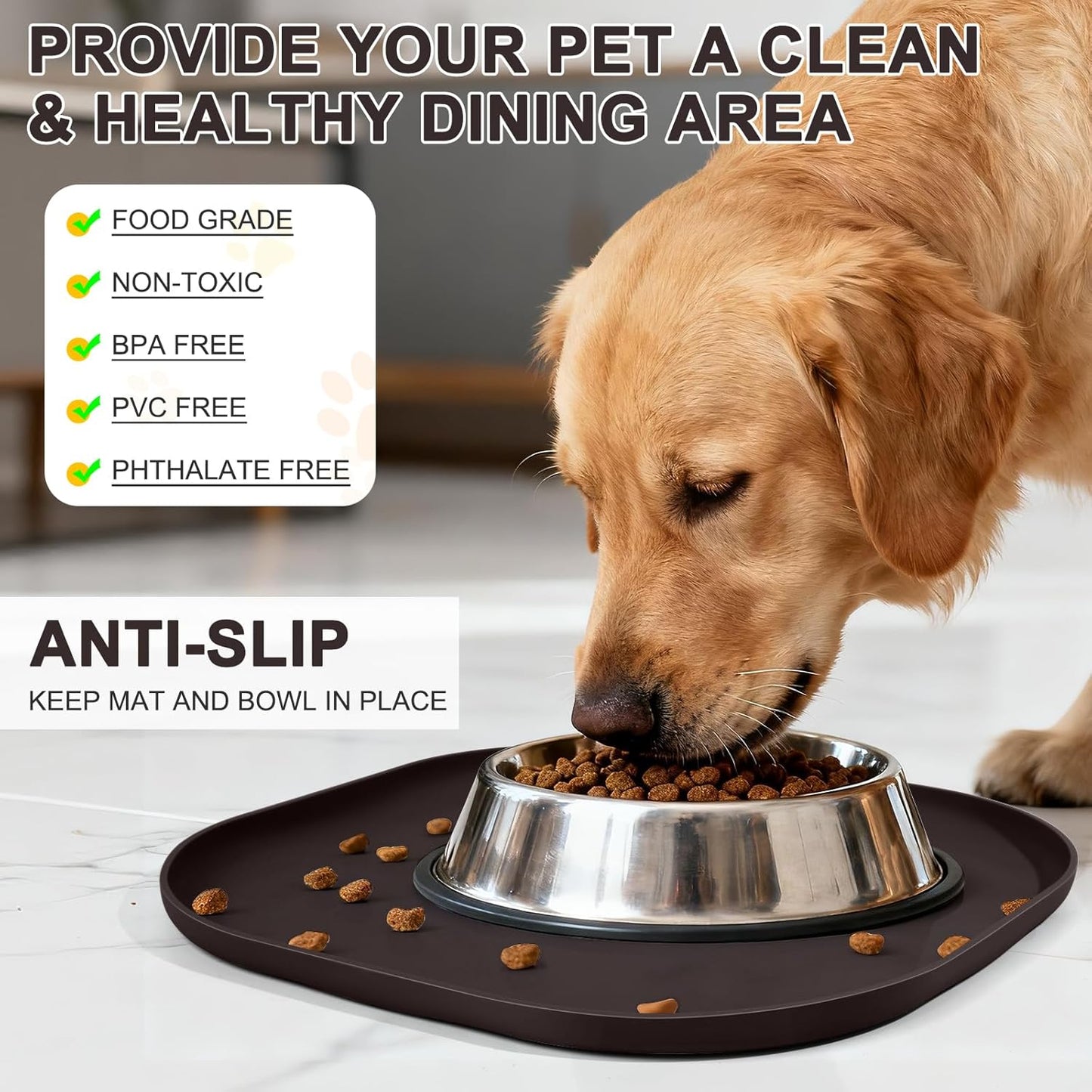Skiennix Small Silicone Pet Food Mat - Waterproof Dog & Cat Feeding Tray with Raised Edge | 12 x 12 x 0.7 Dark Brown
