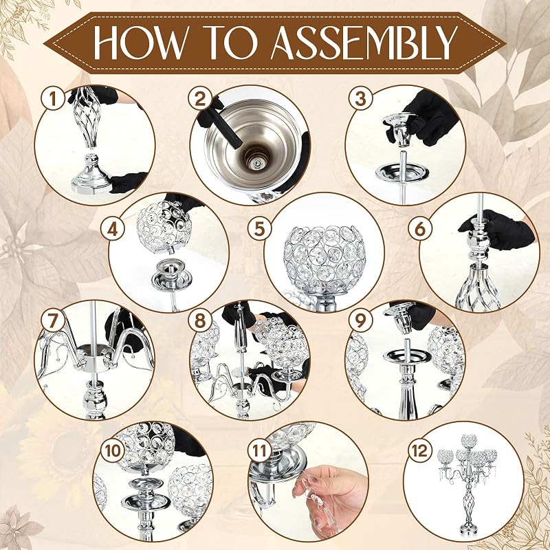 5-Arm Crystal Candelabras Set, 27 Inch - Silver Finish (4 Pieces) - Variation: Silver+4
