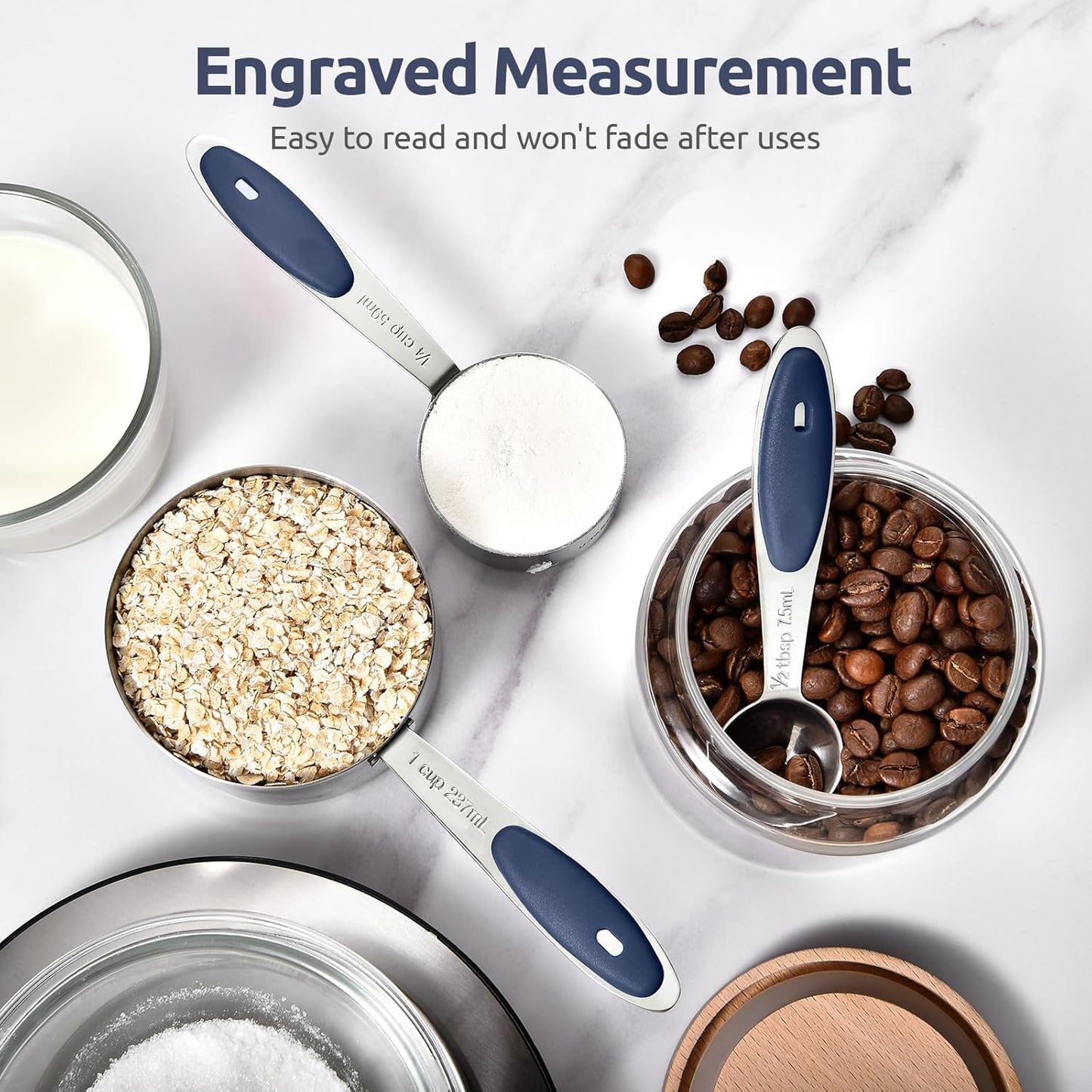 U-Taste Measuring Cups and Spoons - Food Grade 18/8 Stainless Steel Set of 10 with Upgraded Handle (Midnight Blue)