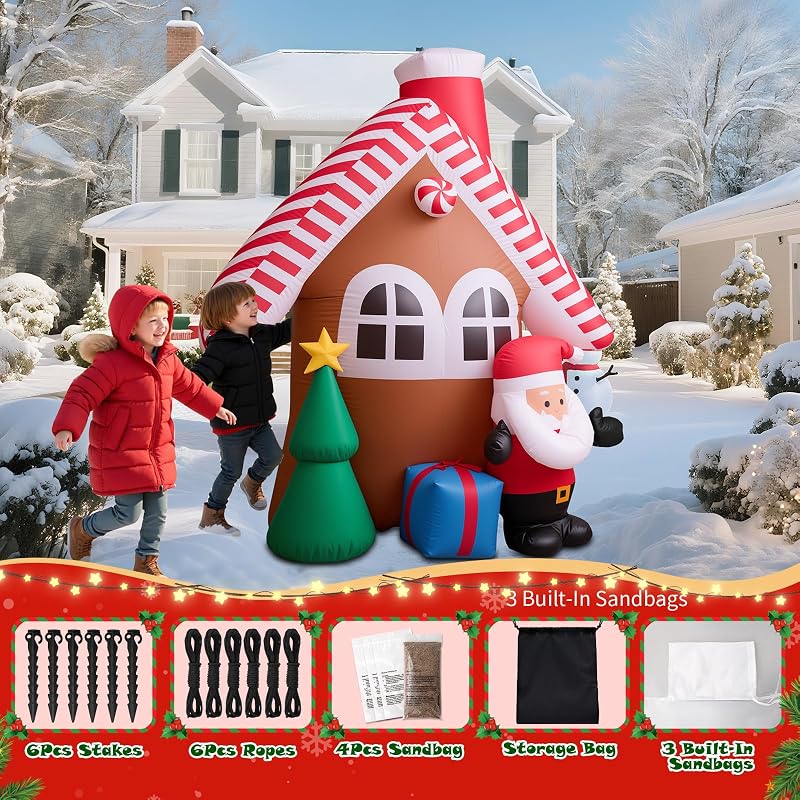 7 Ft Christmas Inflatable Candy House with Santa, Tree & Gift Box – Built-in LED Lights