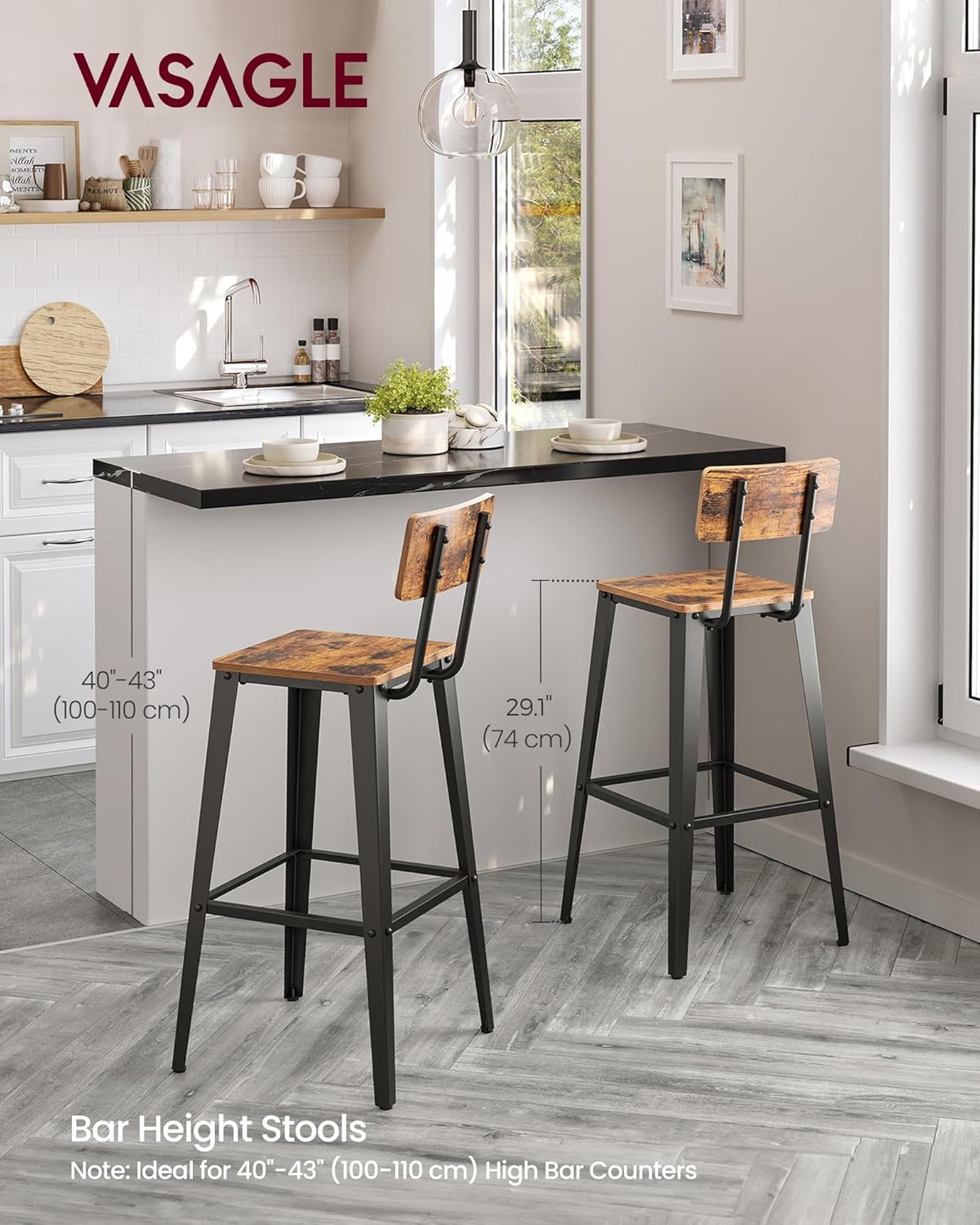VASAGLE Bar Stools Set of 2 - 29.1-Inch Tall Industrial Style Chairs with Back - Rustic Brown & Ink Black