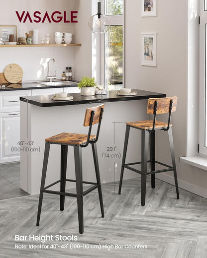 VASAGLE Bar Stools Set of 2 - 29.1-Inch Tall Industrial Style Chairs with Back - Rustic Brown & Ink Black