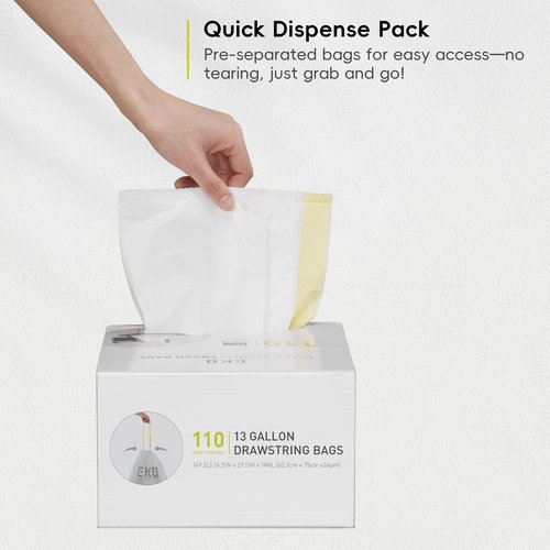 EKO 13 Gallon / 40-60 Liter, 60 Count Drawstring Trash Bags, Extra-Strong Unscented Garbage Bags, Easy-Dispense Roll for Kitchen & Household Use, Leak-Resistant, Code F, White