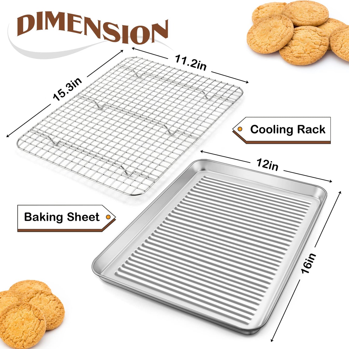 Baking Sheet Pan with Rack Set, E-far 16”x12” Stainless Steel Cookie Sheet for Oven Cooking Roasting, Rimmed Textured Metal Tray with Wire Cooling Rack for Resting Bacon Meat Steak - Dishwasher Safe