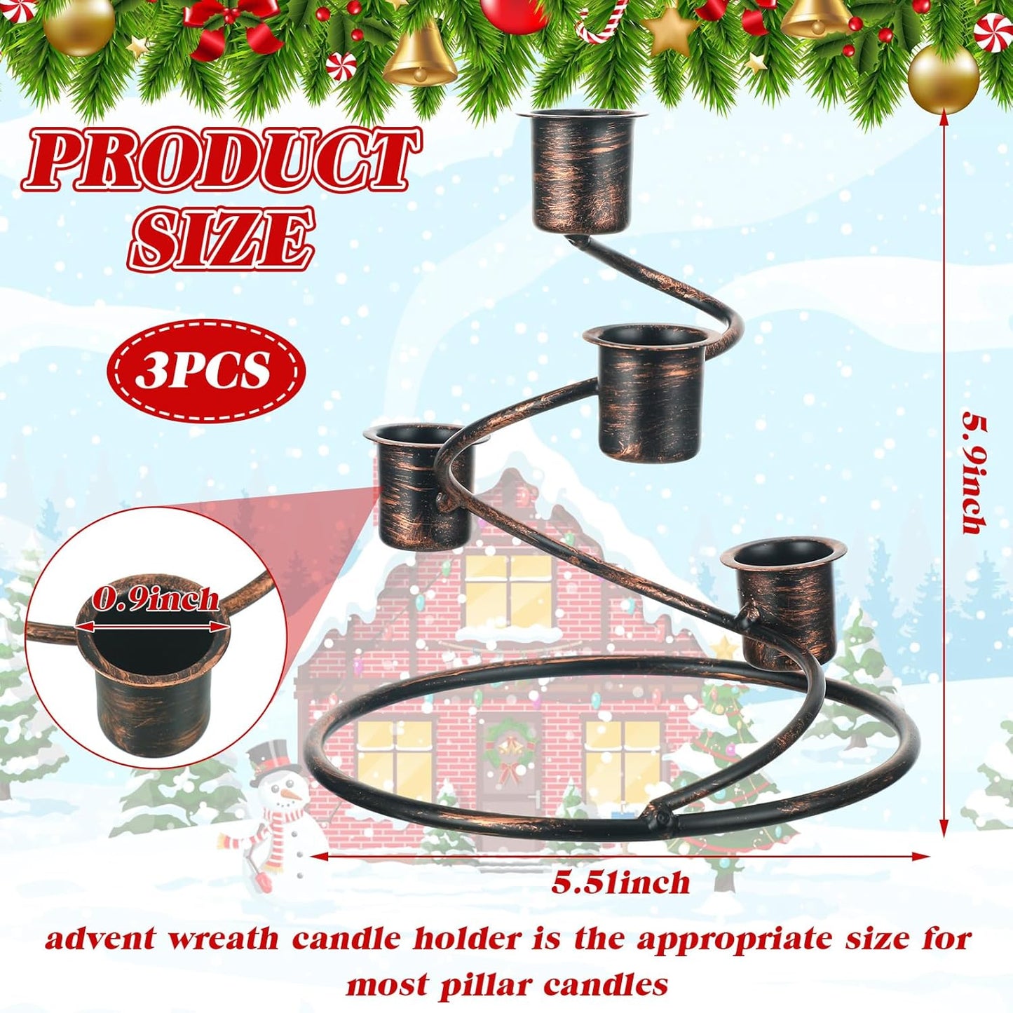 Sliner Christmas Advent Wreath Candle Holders - Rustic Metal Spiral Design | 3-Piece Centerpiece Set