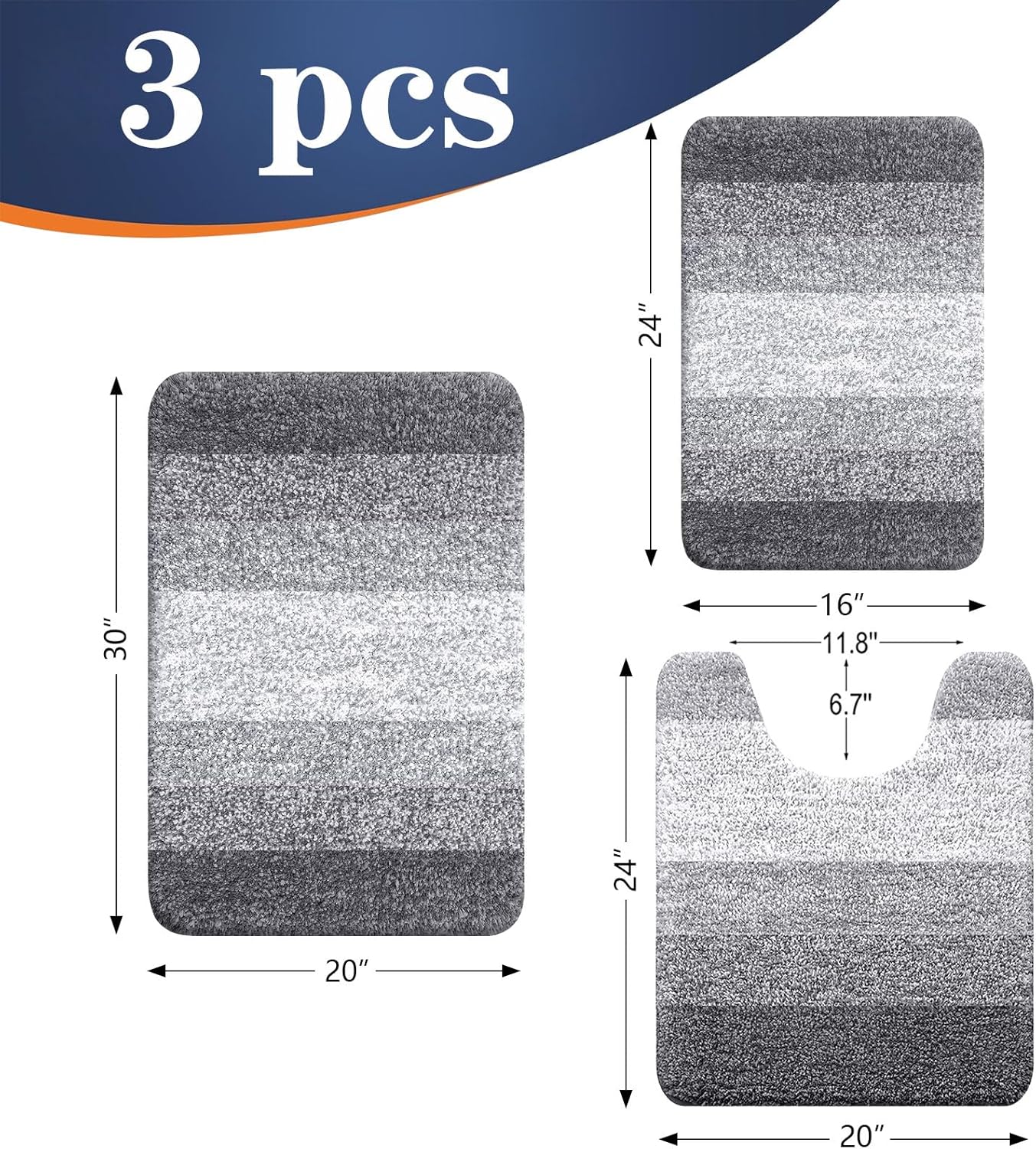 OLANLY Bathroom Rugs Set - Soft Absorbent Microfiber Mats & U-Shaped Toilet Rug | Grey, 3-Piece Set