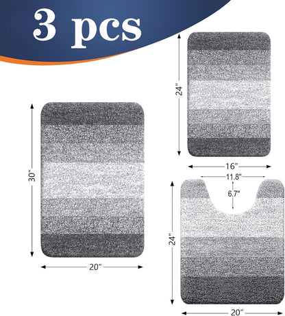 OLANLY Bathroom Rugs Set - Soft Absorbent Microfiber Mats & U-Shaped Toilet Rug | Grey, 3-Piece Set