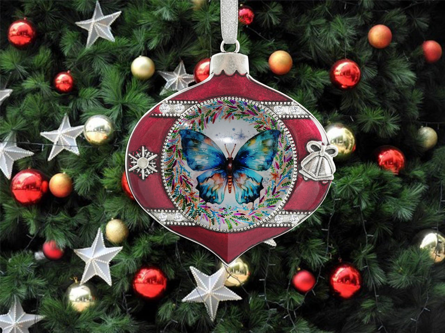 FQJNS Annual Edition Little Butterfly on Christmas Background Christmas Ornament Holidays Ornaments Creative Glass Ornament Christmas Tree Home Decoration