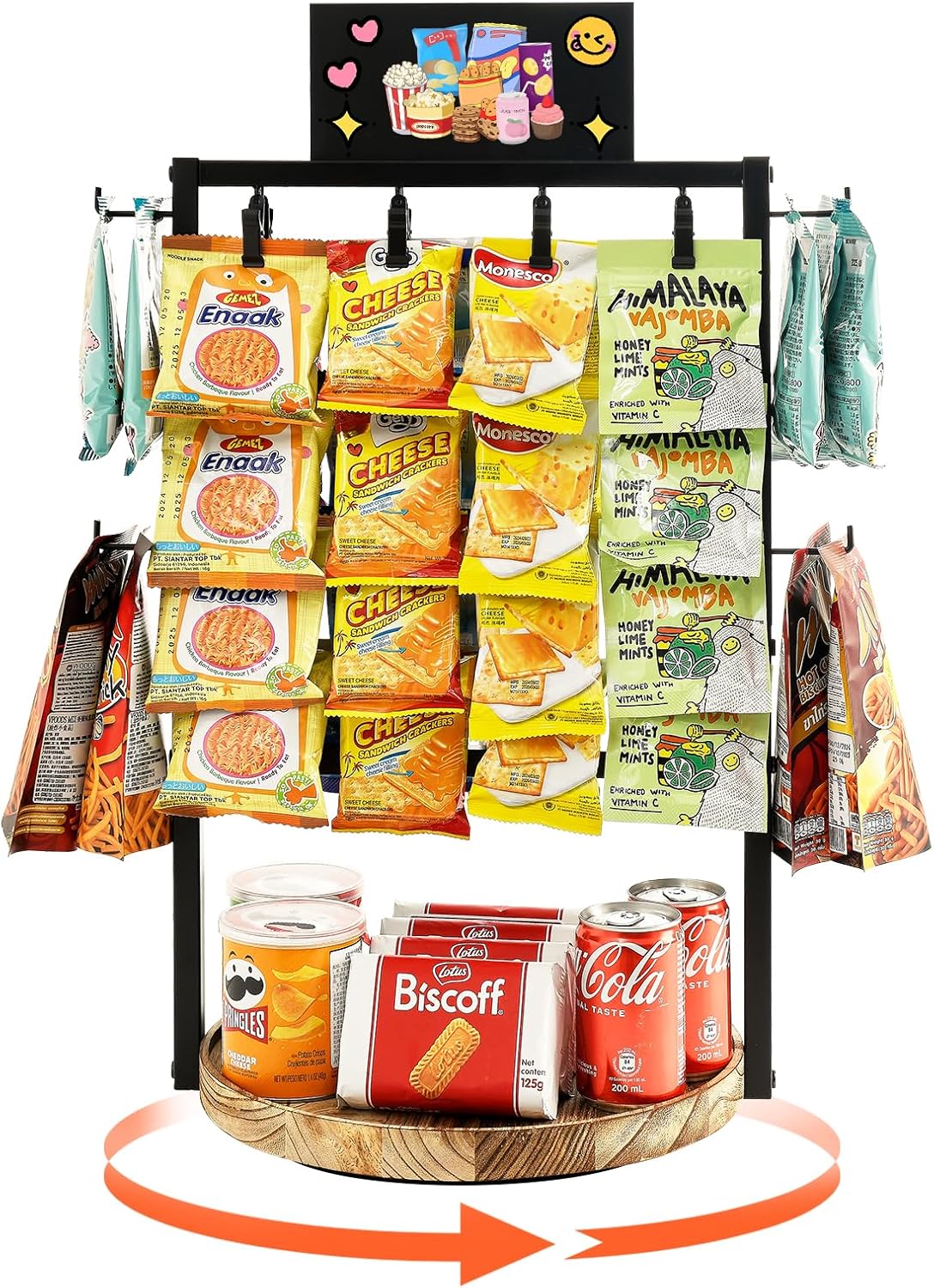 Poyilooo Snack Bar Display Rack - 4-Tier 360° Rotating Clip Organizer for Candy & Snacks | Black