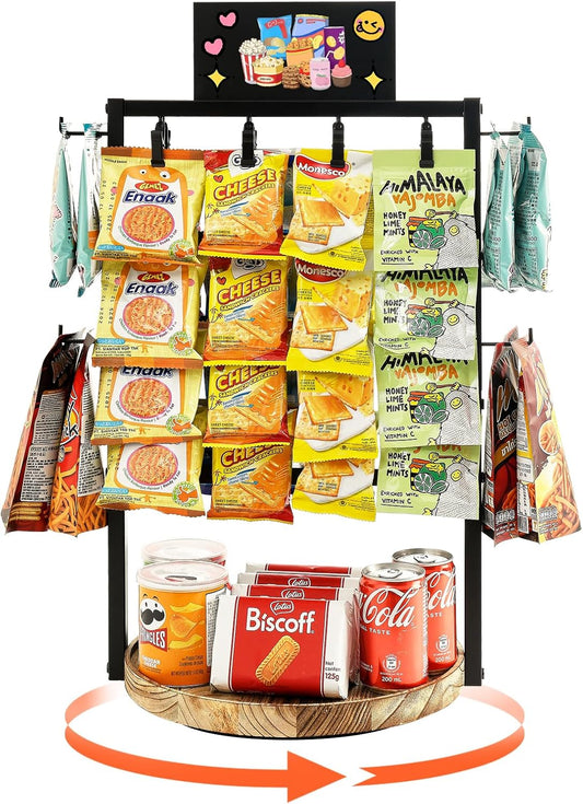 Poyilooo Snack Bar Display Rack - 4-Tier 360° Rotating Clip Organizer for Candy & Snacks | Black