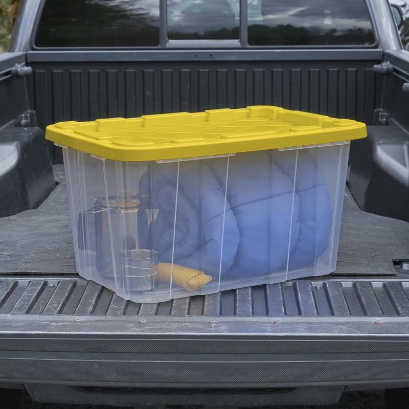 27-Gallon Industrial Storage Tote Set with Yellow Snap-Lid, 4 Pack