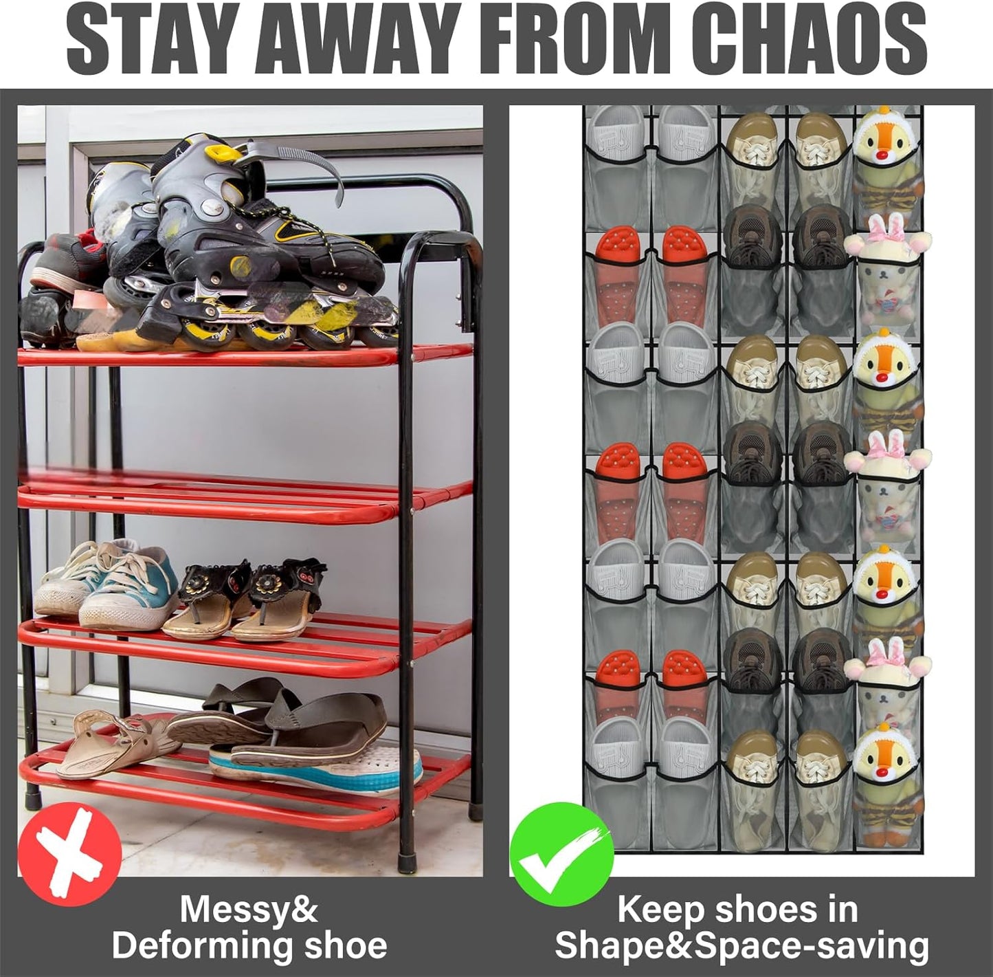 Windyun Over The Door Shoe Organizer - Large Capacity Gray Mesh Pocket Rack for Dorm, Closet & Entryway