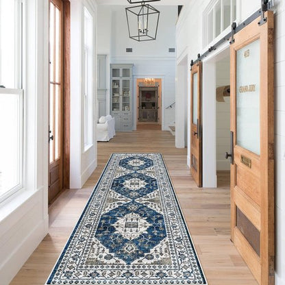 Hallway Washable Runner Rug - Vintage Soft Non-Slip Indoor Carpet for Entryway | 2x7 Blue